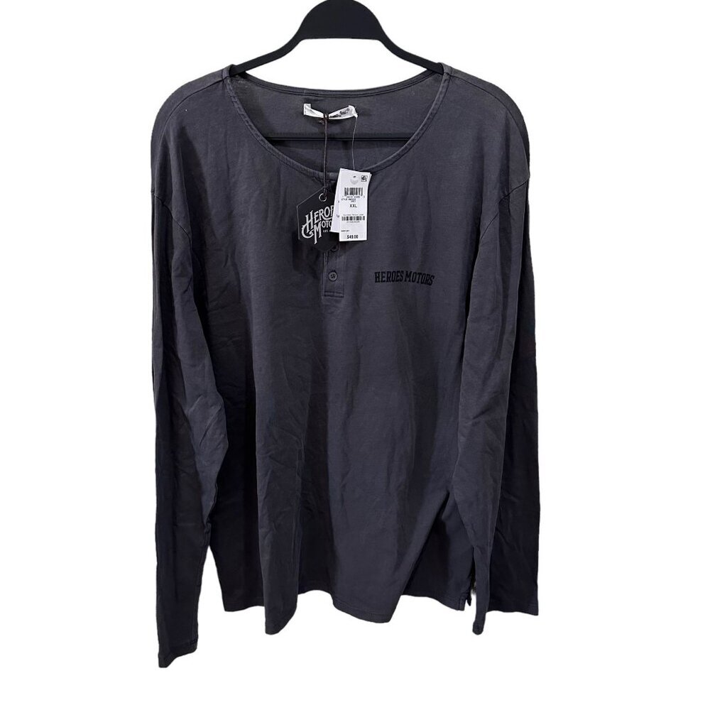 Heroes Motors Mens Size XXL Long-Sleeve Graphic‎ Henley Shirt Gray NWT NEW